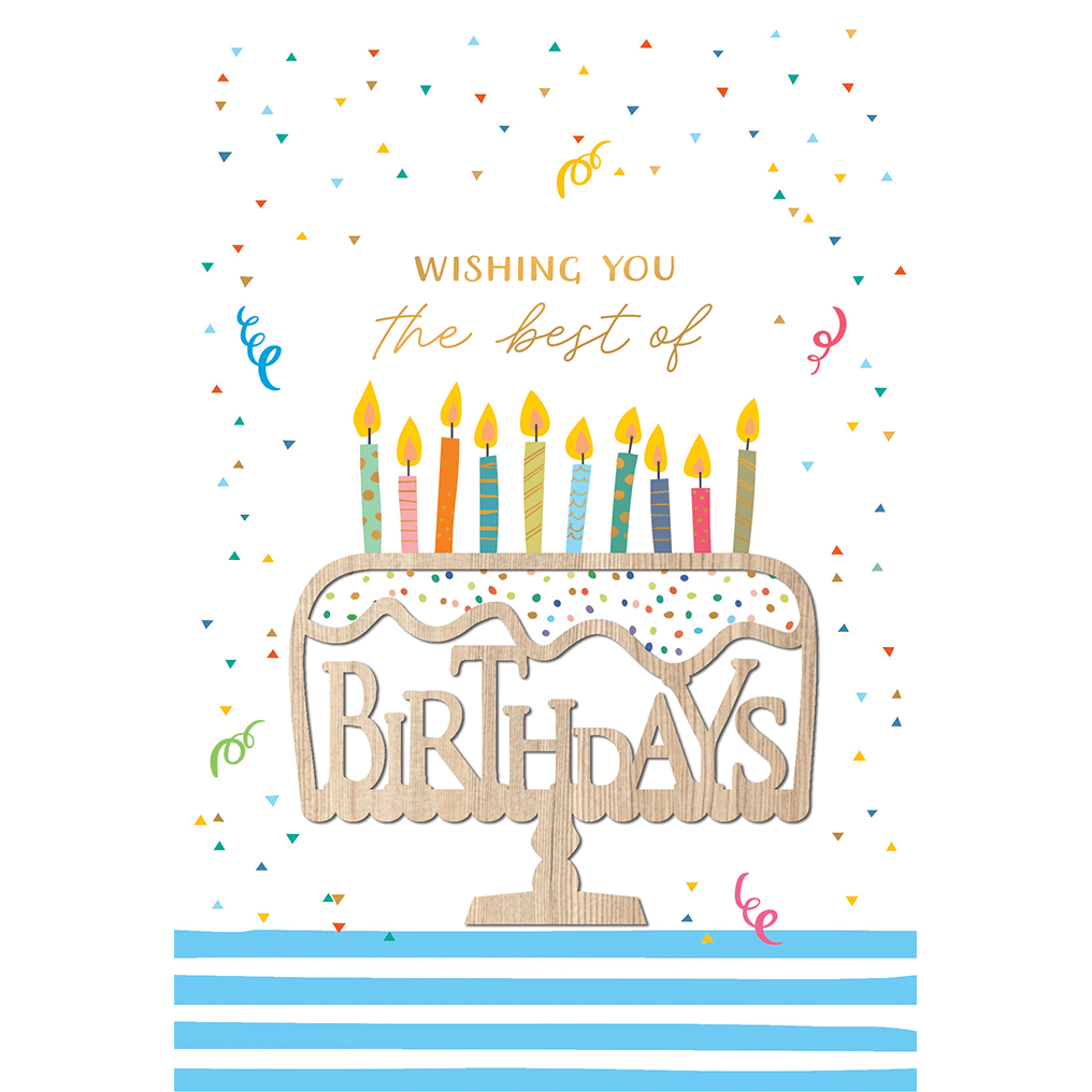Wood birthday cake element on Pictura birthday card, featuring colorful cake design for special occasion greeting card.